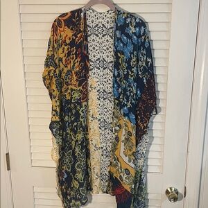 Boho Floral Patchwork Kimono Shrug in Navy, Mustard & Cream